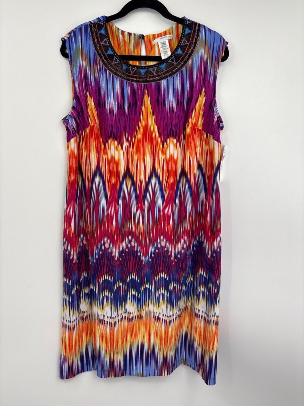 Studio One Sleeveless Shift Geometric Print Embroidered Collar Dress 1X NEW